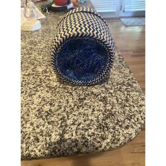 Hand Woven Basket With Lid Blue & Tan Striped - Picture 4 of 5